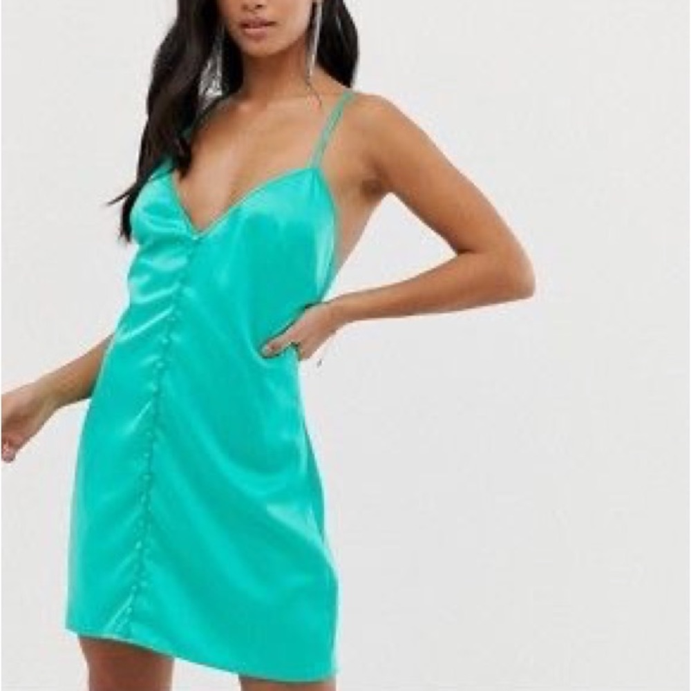 Missguided Petite Satin Slip Dress with Button Detail in Teal Size 4